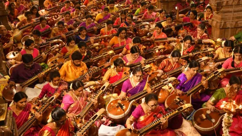 108 veena players performed in unison on Vijayadasami Day on Tuesday at Prasanna Venkatesa Perumal Temple, Madurai