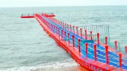 Floating Sea Bridge is getting ready near the Kursura submarine museum at RK beach, Vishakapatanam